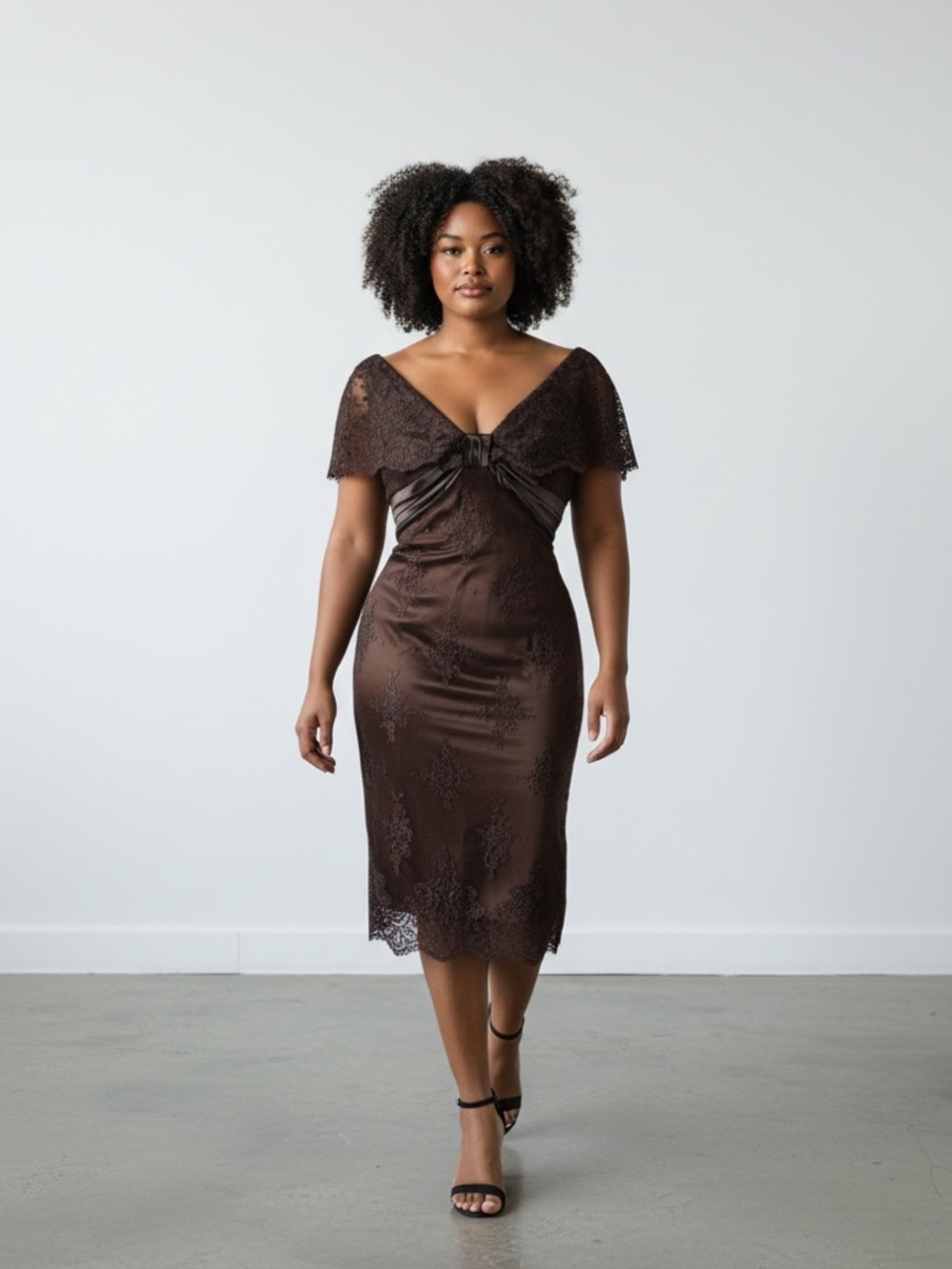 Scott McClintock Elegant Brown Lace Midi‎ Dress with V-Neck Sz 12